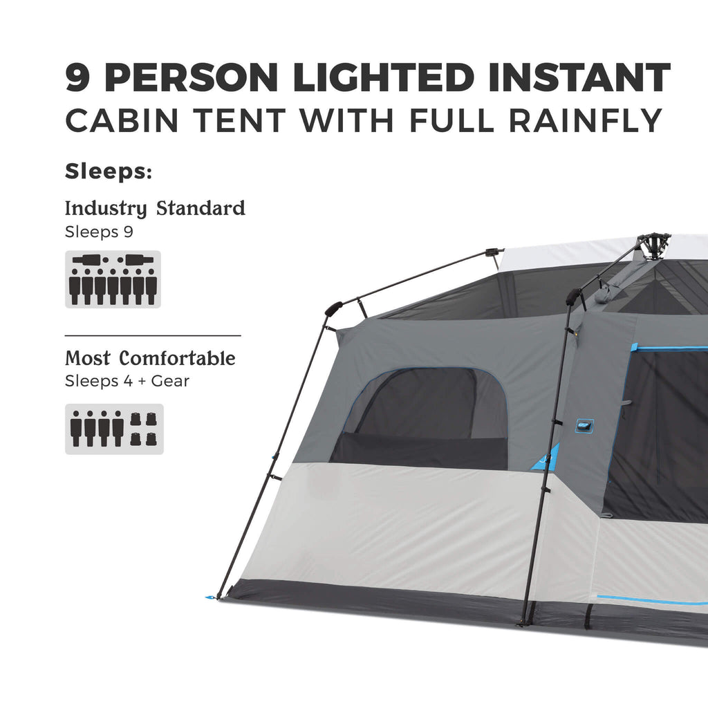9 Person Lighted Instant Cabin Tent with Full Rainfly