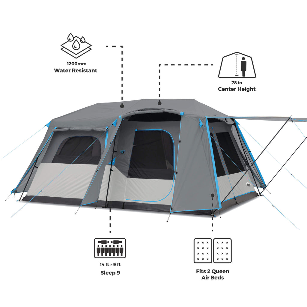 9 Person Lighted Instant Cabin Tent with Full Rainfly
